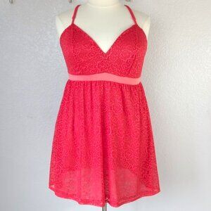 Cacique 18/20/2X Chemise  Bright Red Lace Overlay Strappy Back